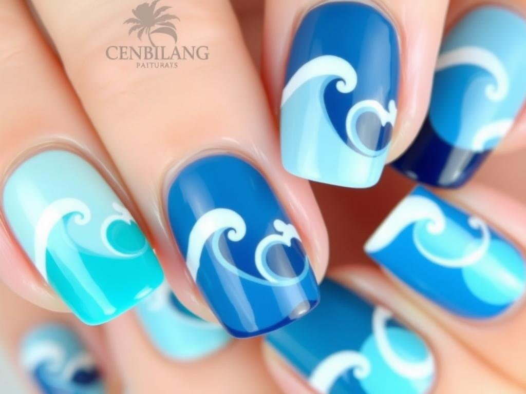Ocean wave beach nail designs with gradient blue colors