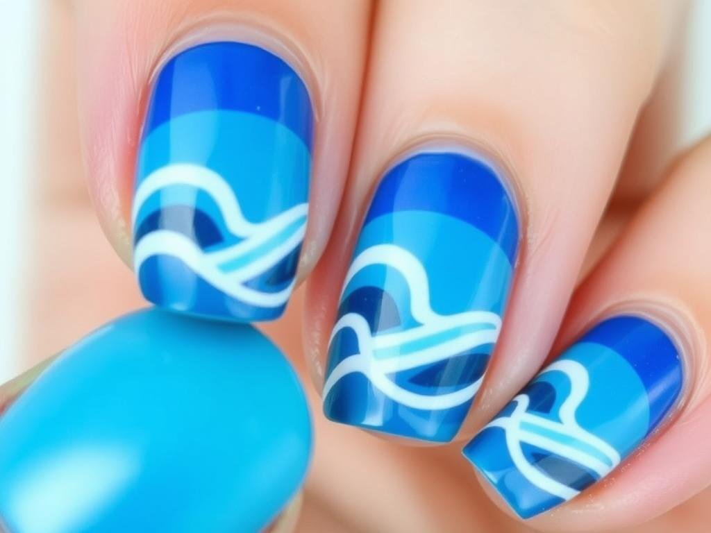 Ocean wave nail art design with blue ombre effect