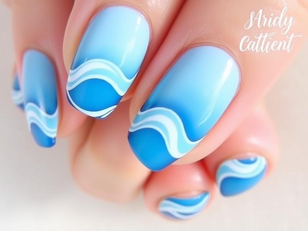 Ocean wave nail design with gradient blue colors and white wave details