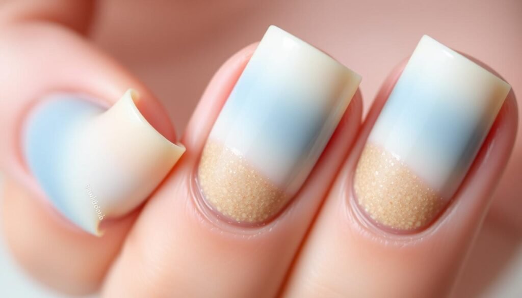 Ombre nail design transitioning from sandy beige to ocean blue for beach nail inspo