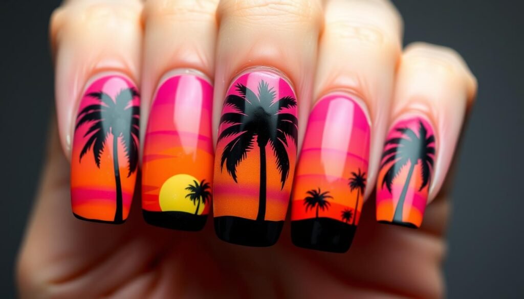 Palm tree silhouette on sunset gradient cute beach nails