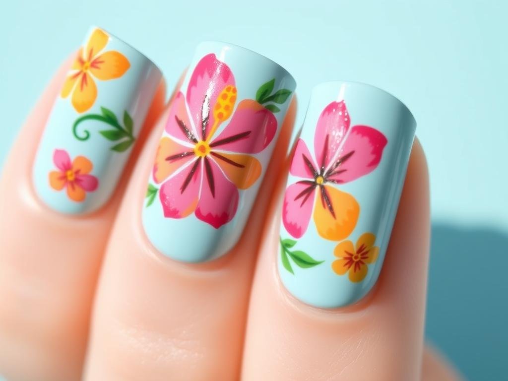 Pastel blue nails with vibrant hibiscus flower designs and tropical accents