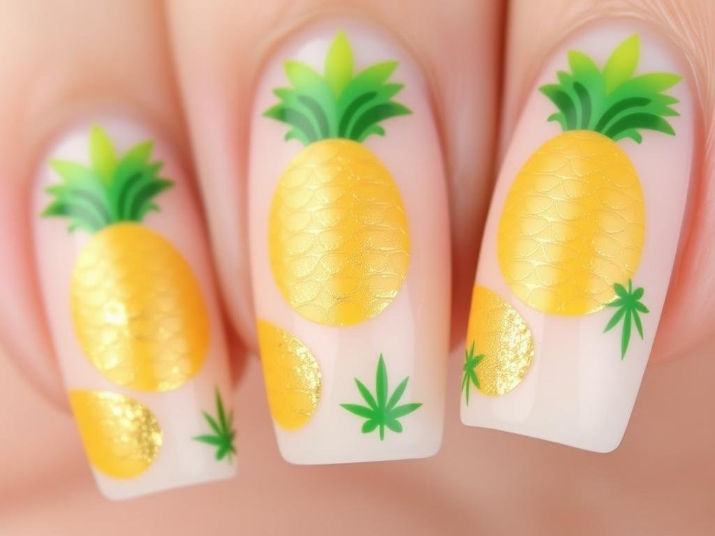 Pineapple beach nail designs with gold accents