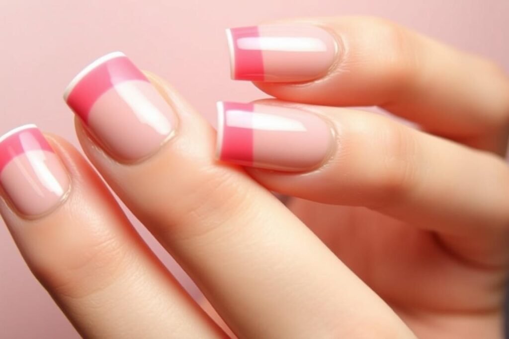 Pink beach nails featuring a modern French tip design with coral pink tips on a nude base