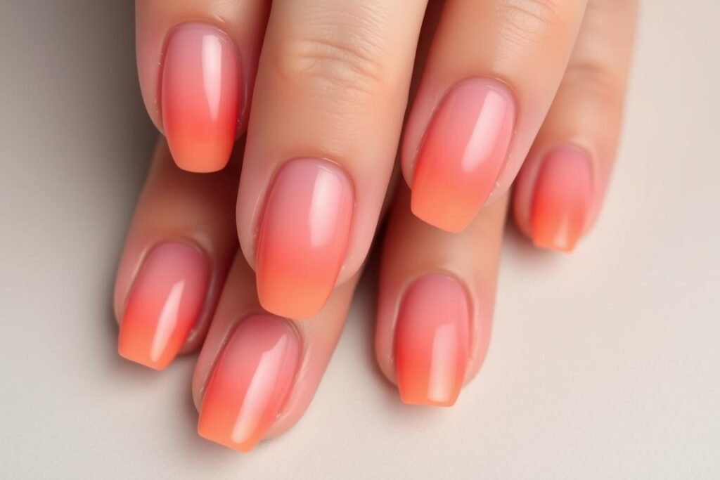 Pink beach nails featuring a sunset ombre effect transitioning from light pink to coral orange