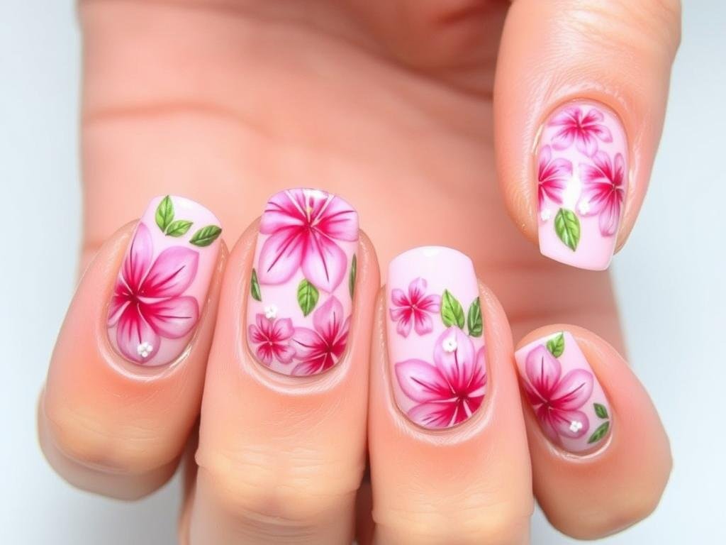 Pink beach nails featuring detailed tropical flower designs in various pink shades