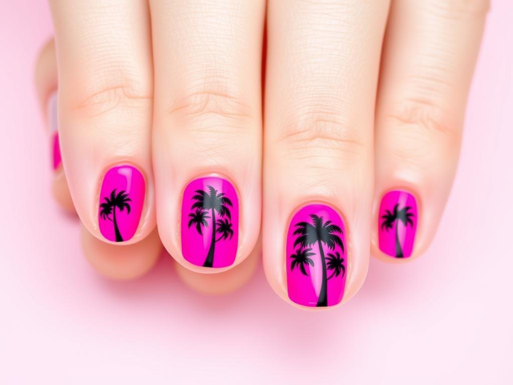 Pink beach nails with black palm tree silhouettes on accent fingers