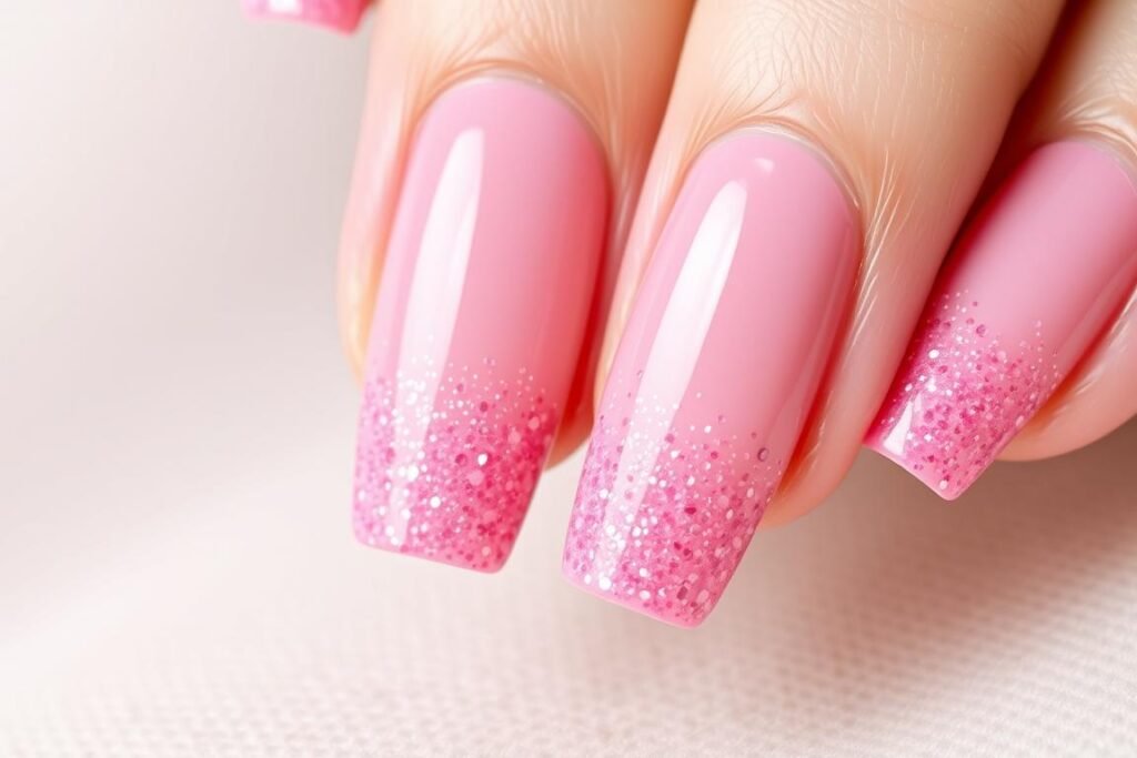 Pink beach nails with glitter gradient resembling sparkling pink sand