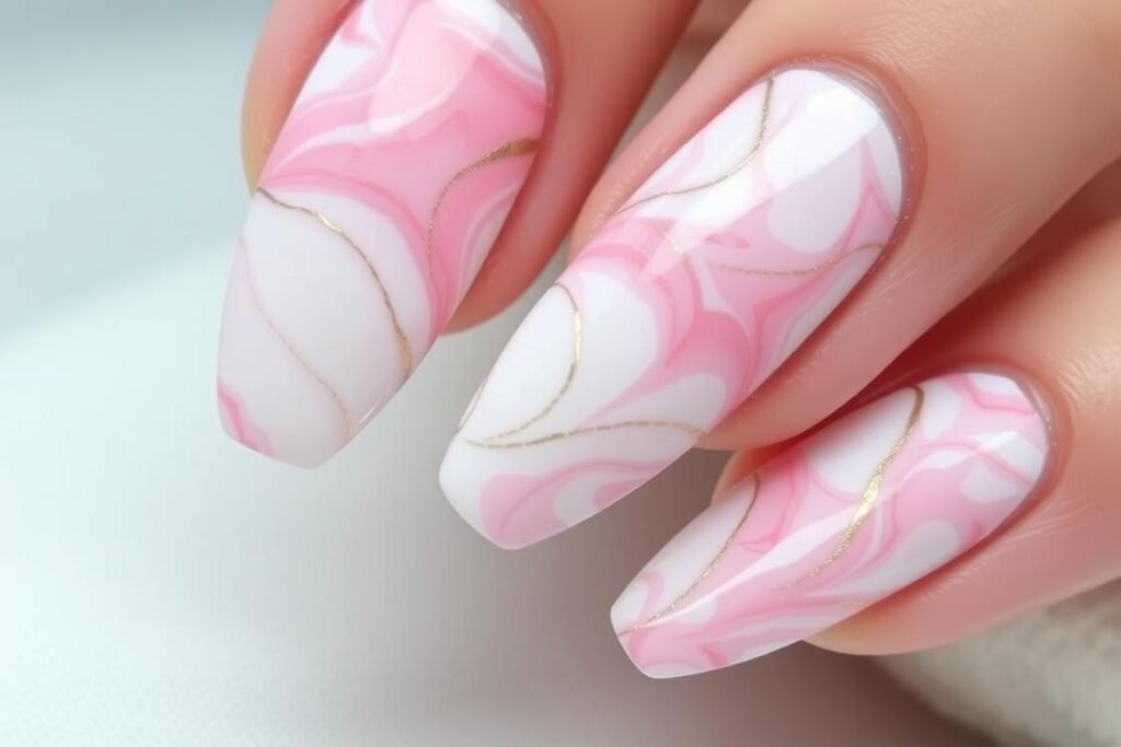 Pink beach nails with marble effect combining pink, white, and gold accents