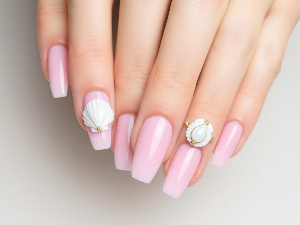 Pink beach nails with seashell accents on ring fingers and a soft pink base