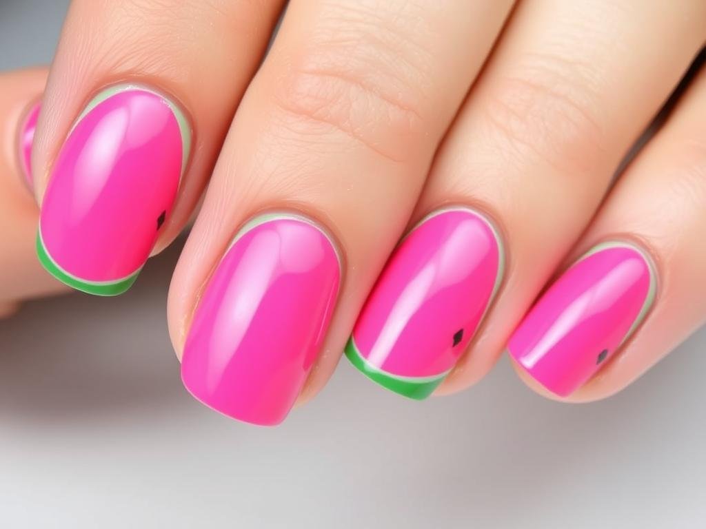Pink beach nails with watermelon designs featuring pink base, green tips, and black seeds