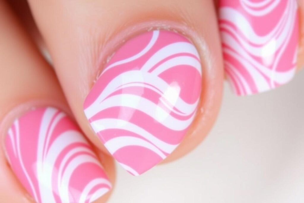 Pink beach nails with wave designs combining pink base with white wave accents