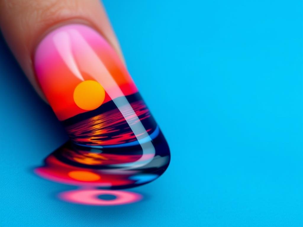 Reflective water sunset beach nail designs