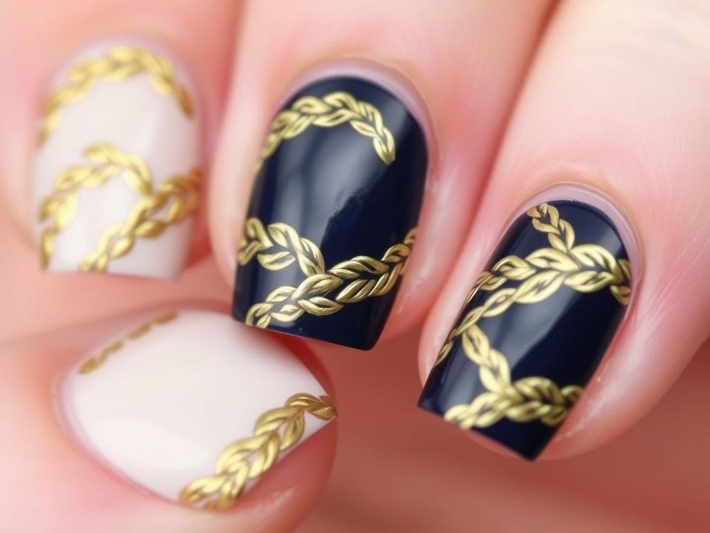 Rope pattern beach nail design with gold details
