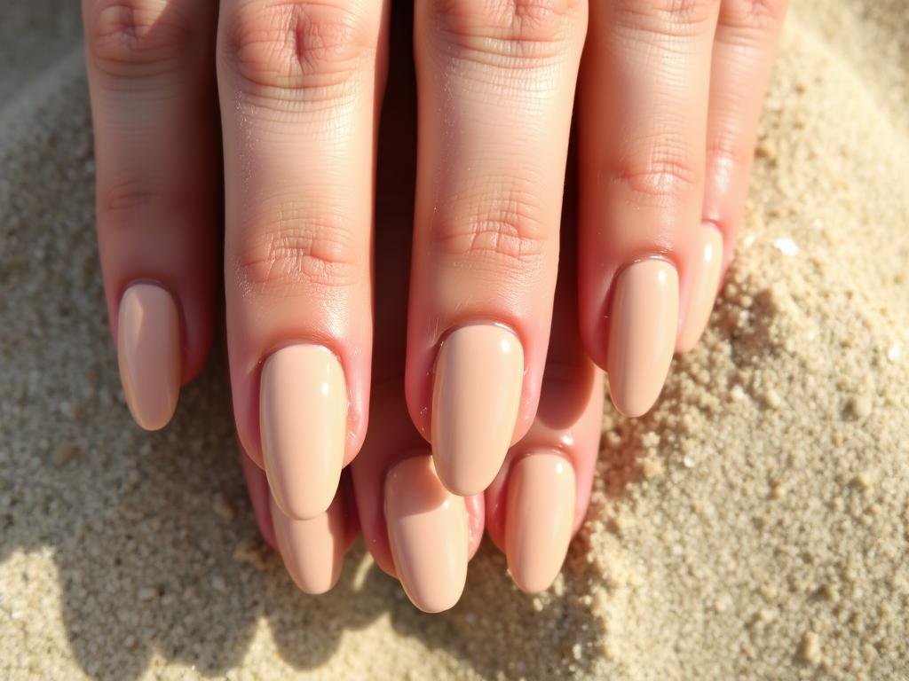 Sandy beige neutral beach nails that match beach sand tones
