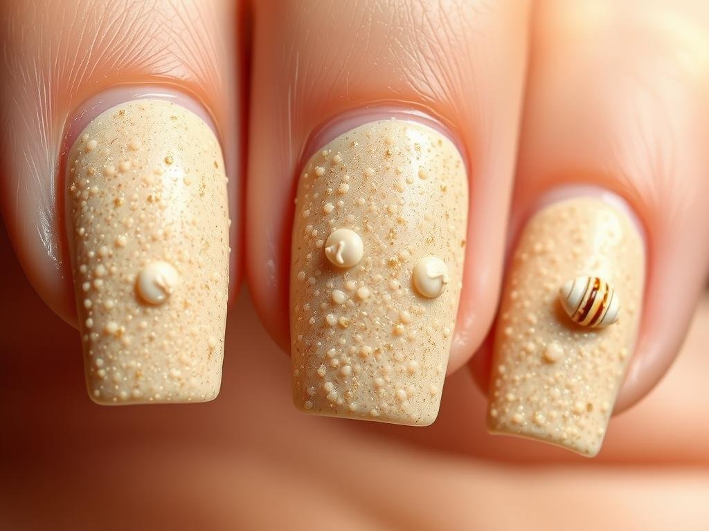 Sandy texture nail art with beige base and real sand effect with tiny gold accents
