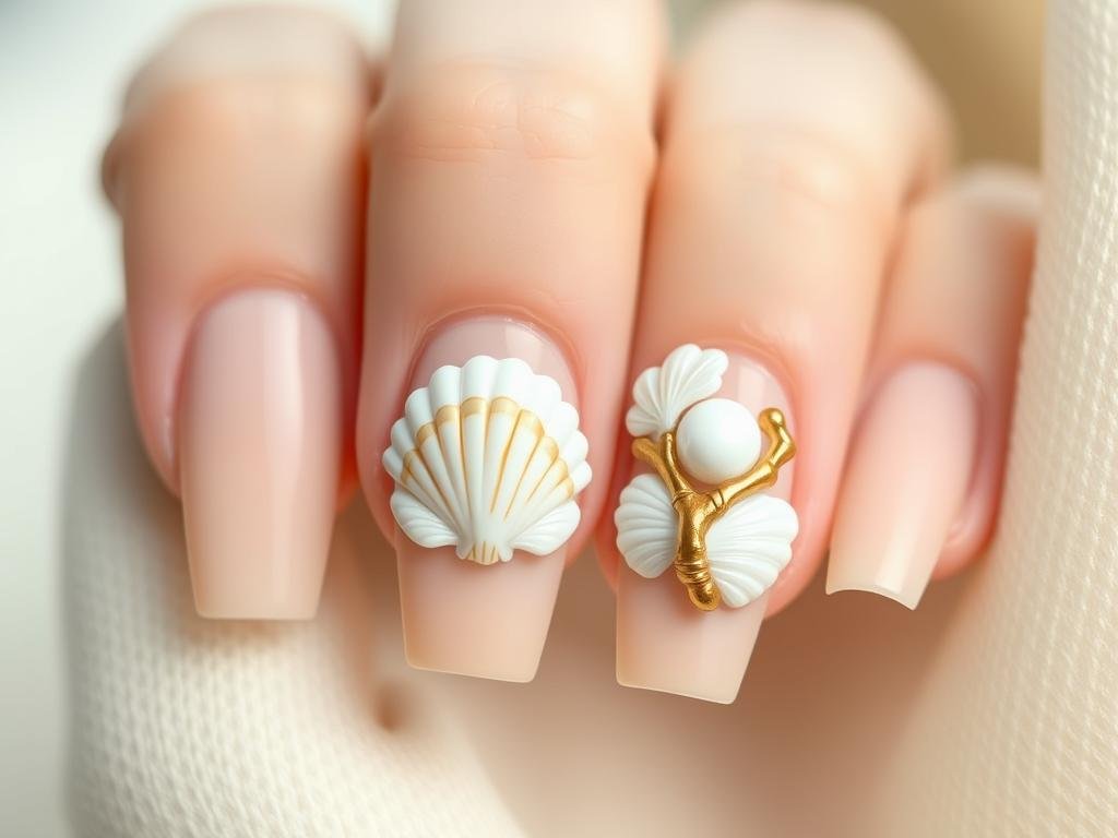 Seashell nail art featuring 3D shell designs in pearlescent white and gold on nude base