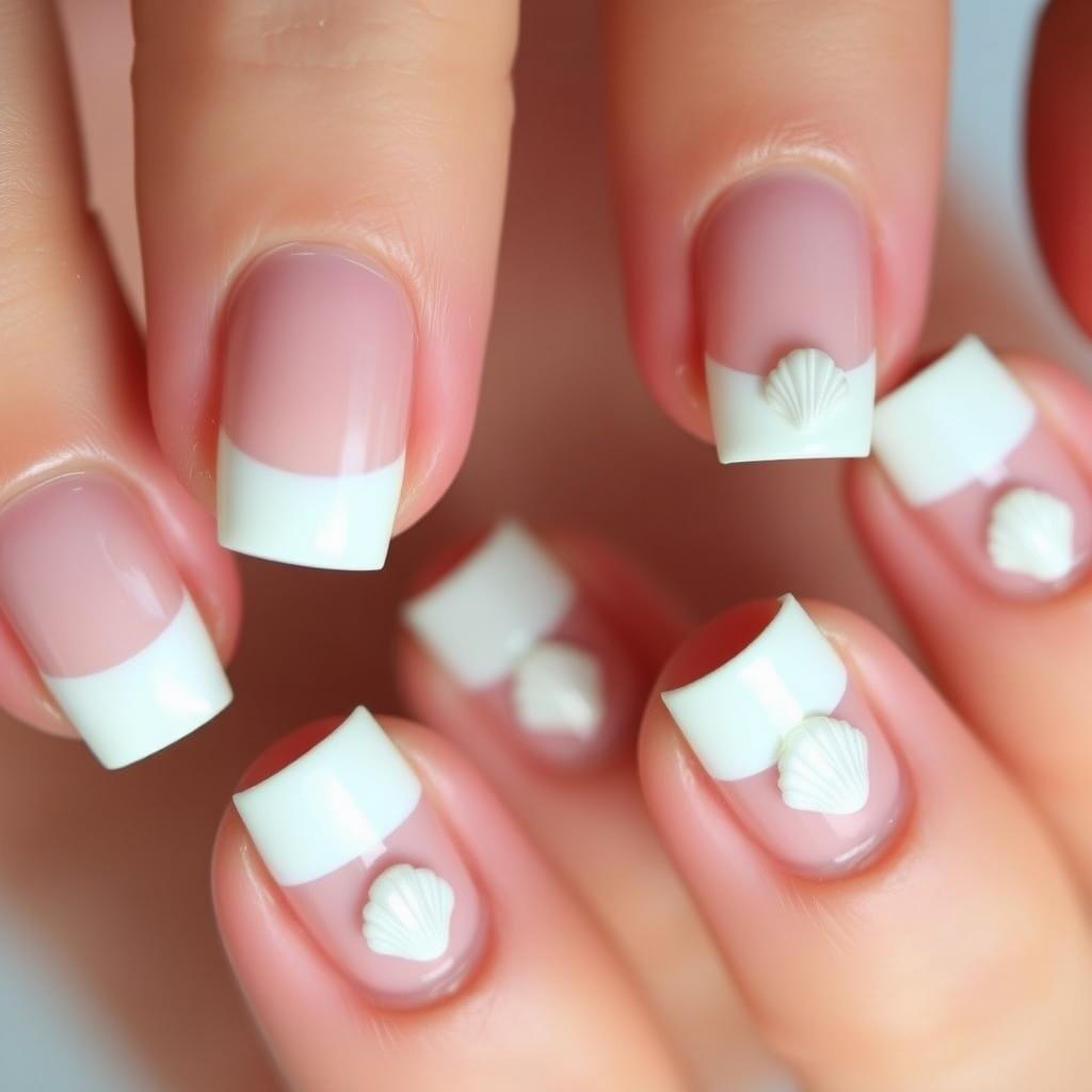 Shell-accented French tip beach nail art