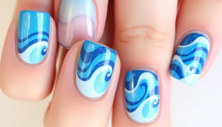Shimmery blue beach nails with wave patterns resembling ocean water