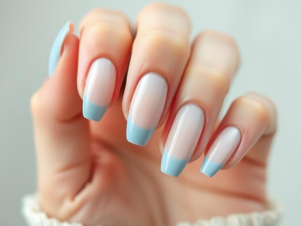 Short beach nails with blue French tips on natural base