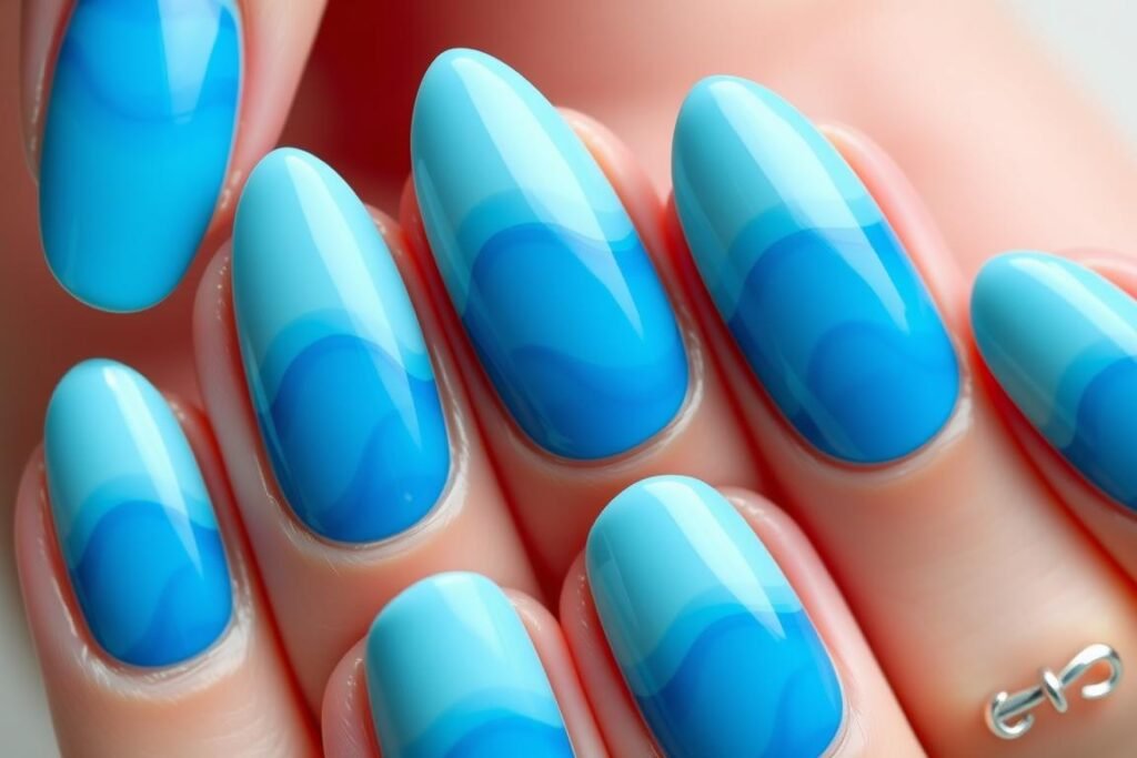 Short beach nails with blue ombre effect resembling ocean waves