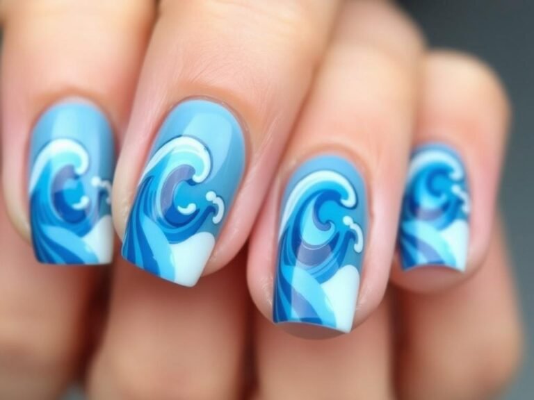 Short beach nails with blue wave design and white accents
