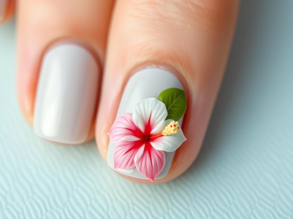 Short beach nails with hibiscus flower accent on pastel background