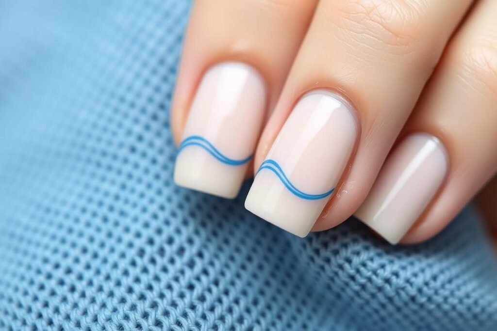 Short beach nails with minimalist wave line on neutral base