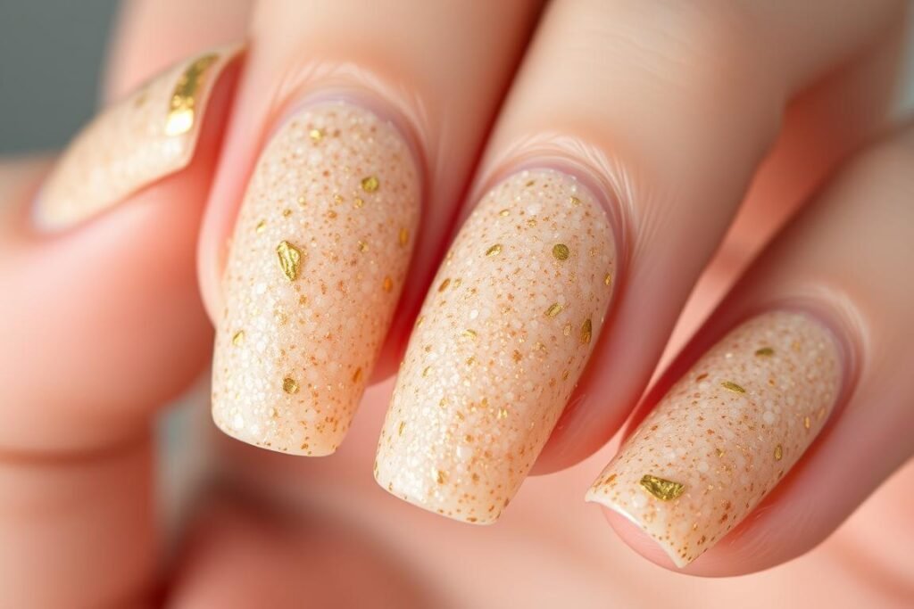 Short beach nails with sandy texture and gold accents