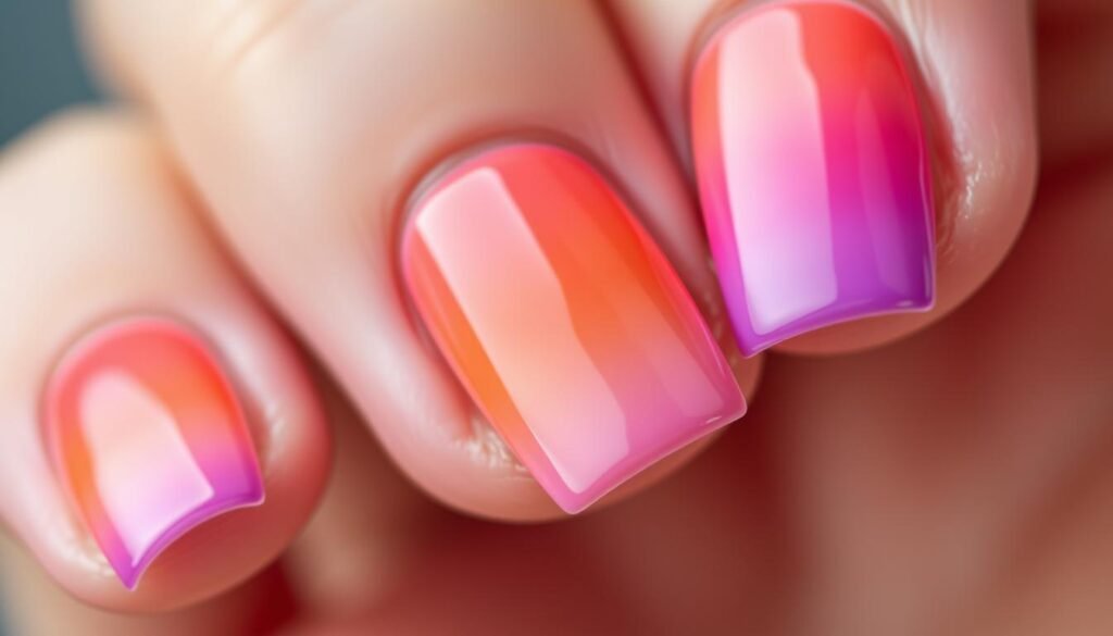 Short beach nails with sunset gradient from orange to pink