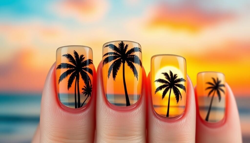 Short beach nails with tropical palm tree design on bright background