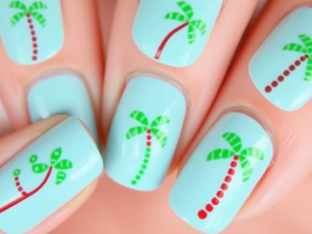Simple dotted beach nail design creating palm trees with basic tools
