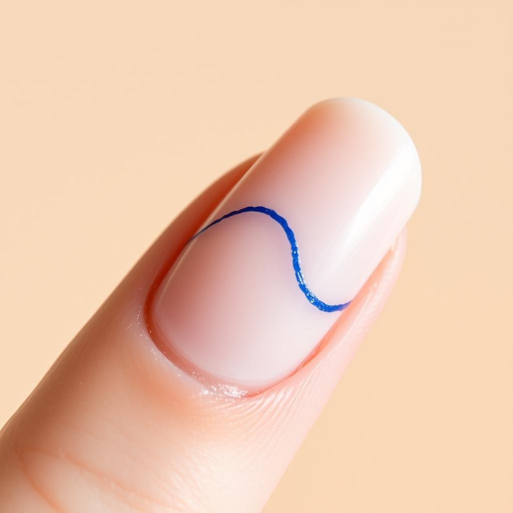 Single blue wave line on neutral nail for beach nail inspo