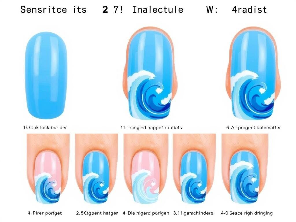 Step-by-step tutorial for creating ocean wave beach nails vacation design