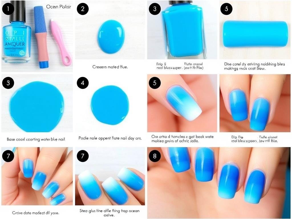 Step-by-step tutorial for creating ombre ocean blue nails for beach nail inspo