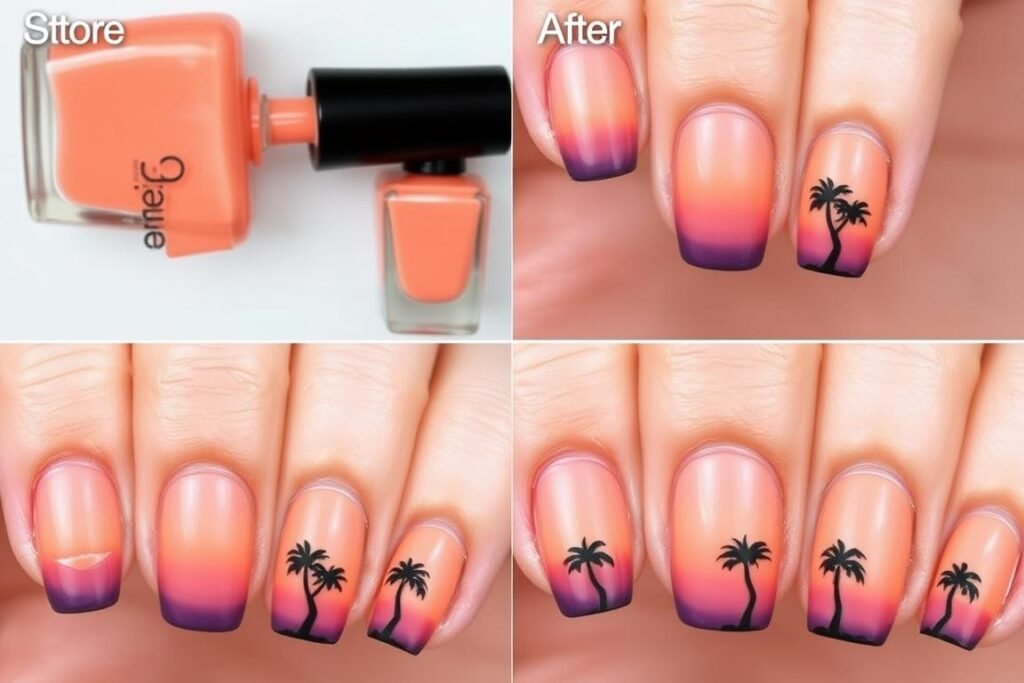Step-by-step tutorial for creating sunset palm silhouette nails for beach nail inspo