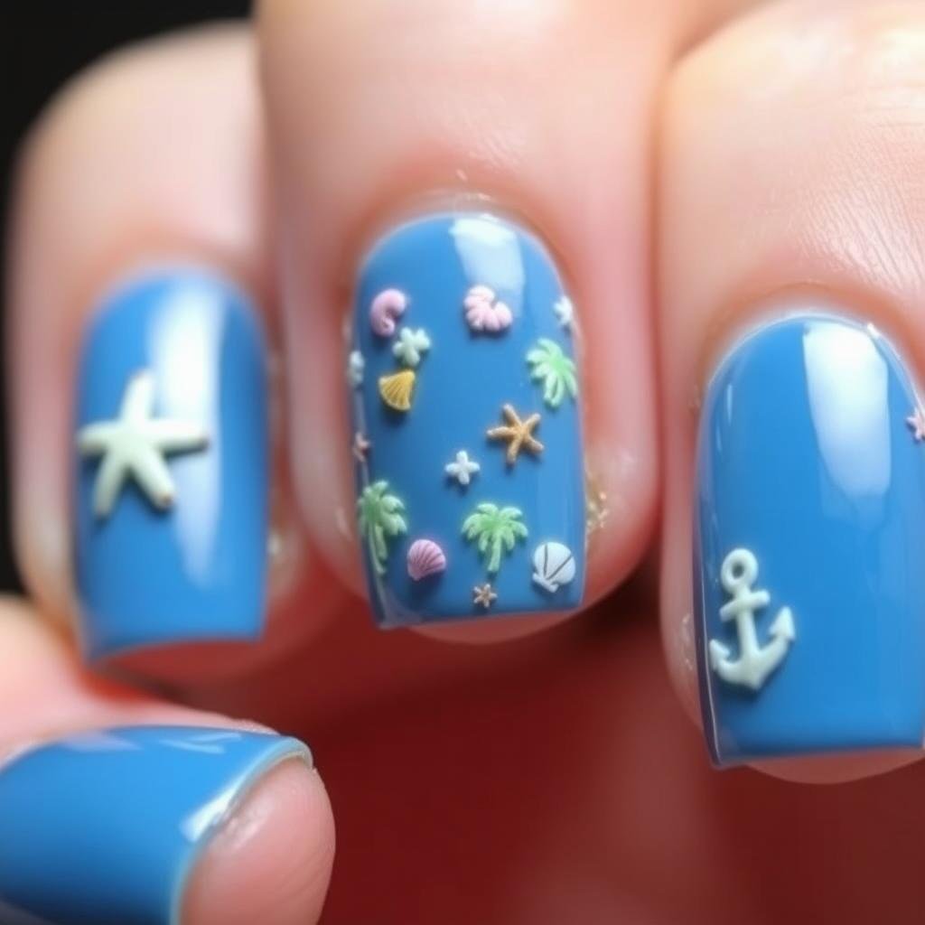Sticker enhanced beach nail art for beginners