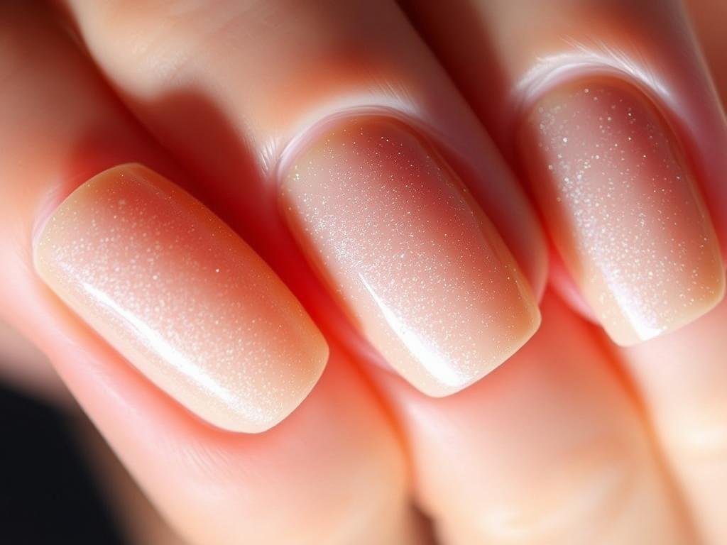 Subtle shimmer beach nail design in neutral sandy tones