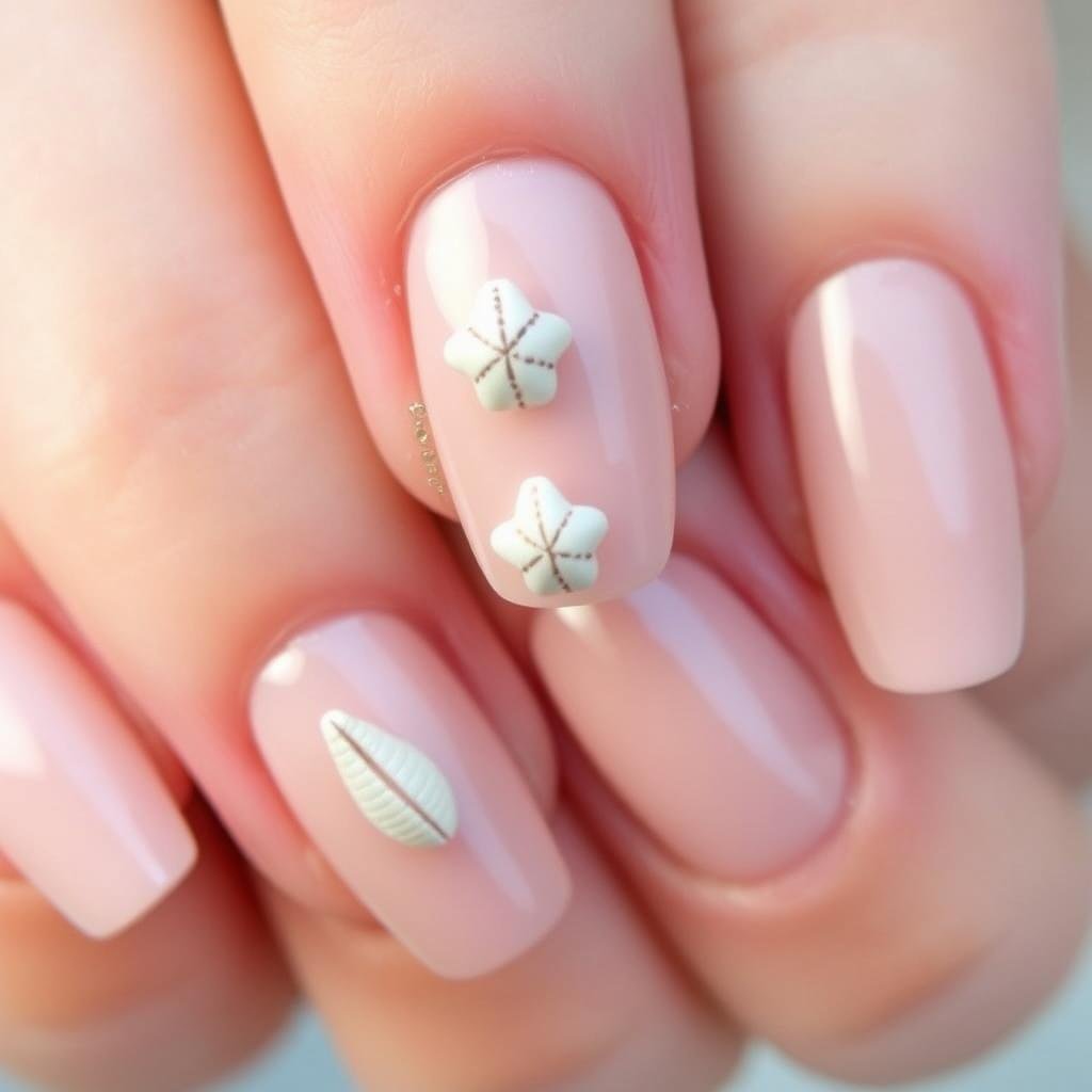 Summer beach nails with 3D seashell embellishments on nude base