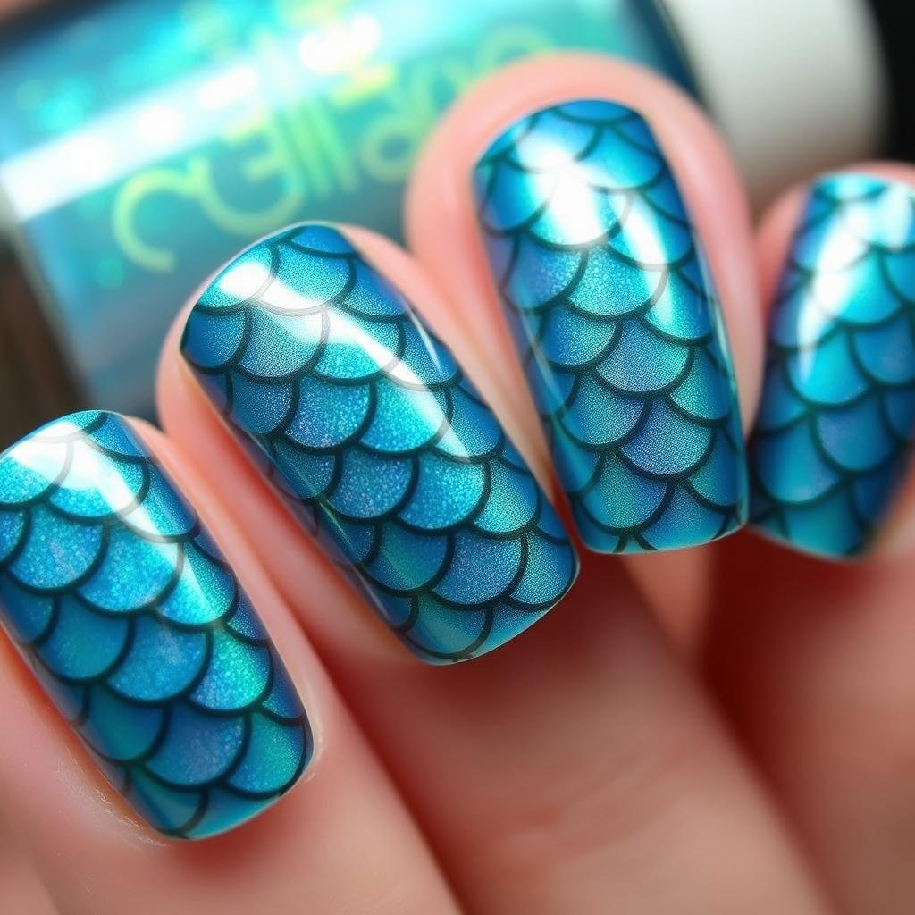 Summer beach nails with mermaid scale pattern in iridescent blue and green