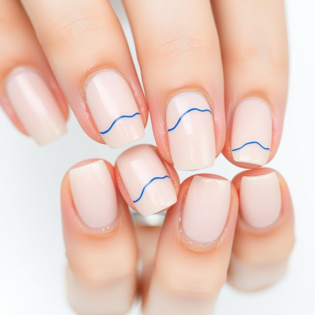 Summer beach nails with minimalist wave line on neutral base