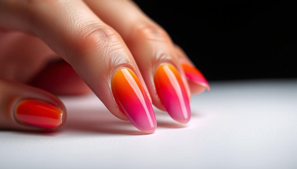 Sunset gradient cute beach nails with orange, pink, and purple tones