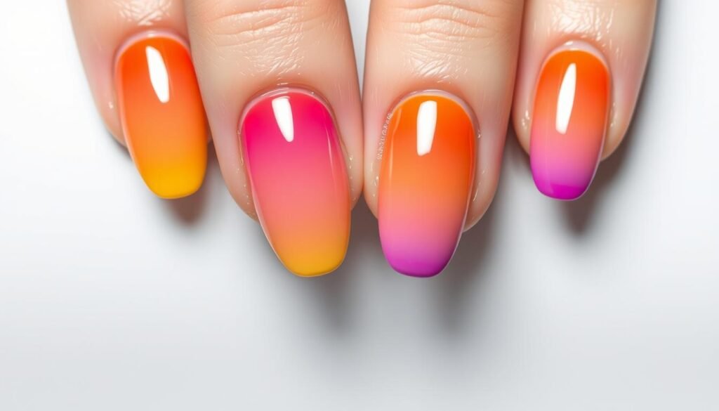 Sunset gradient nail art with orange, pink, and purple ombre effect on almond nails