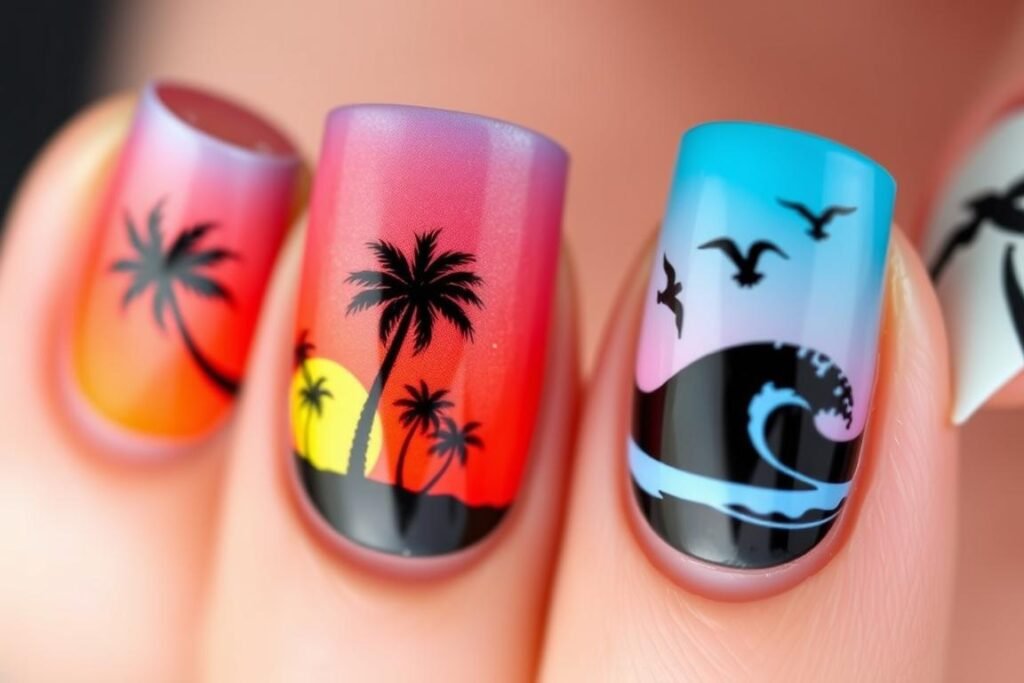 Sunset gradient nails with beach silhouettes for beach nail inspo