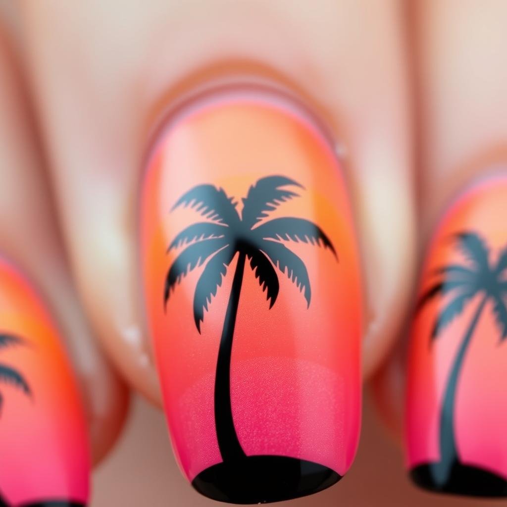 Sunset palm silhouette nail design for beach vacation
