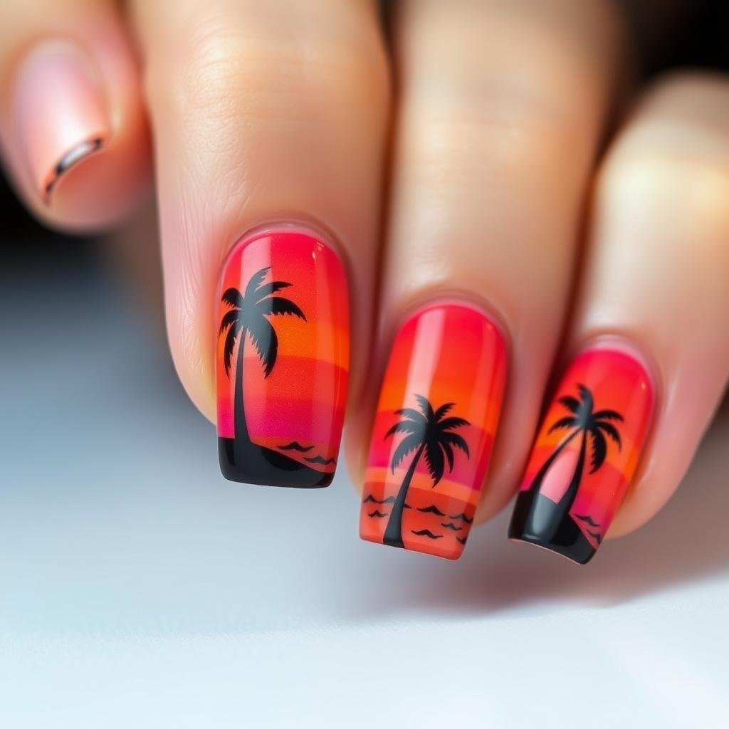 Sunset silhouette cute beach nails with palm trees and ocean waves