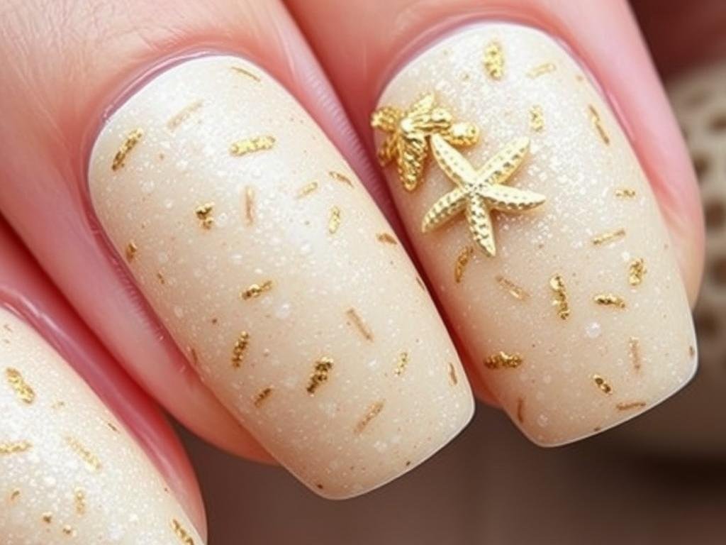 Textured sandy beach nail art with gold flecks