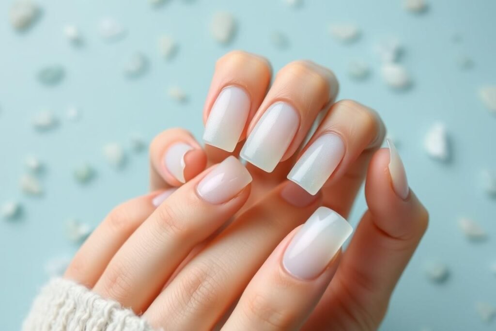 Translucent milky white nails resembling sea glass