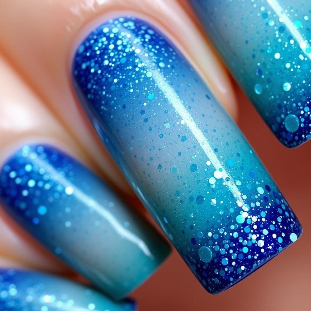 Trendy beach nails featuring blue and teal glitter ombré effect reminiscent of mermaid tails