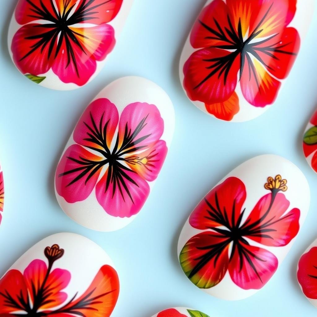 Trendy beach nails featuring detailed hibiscus flower designs in bright tropical colors